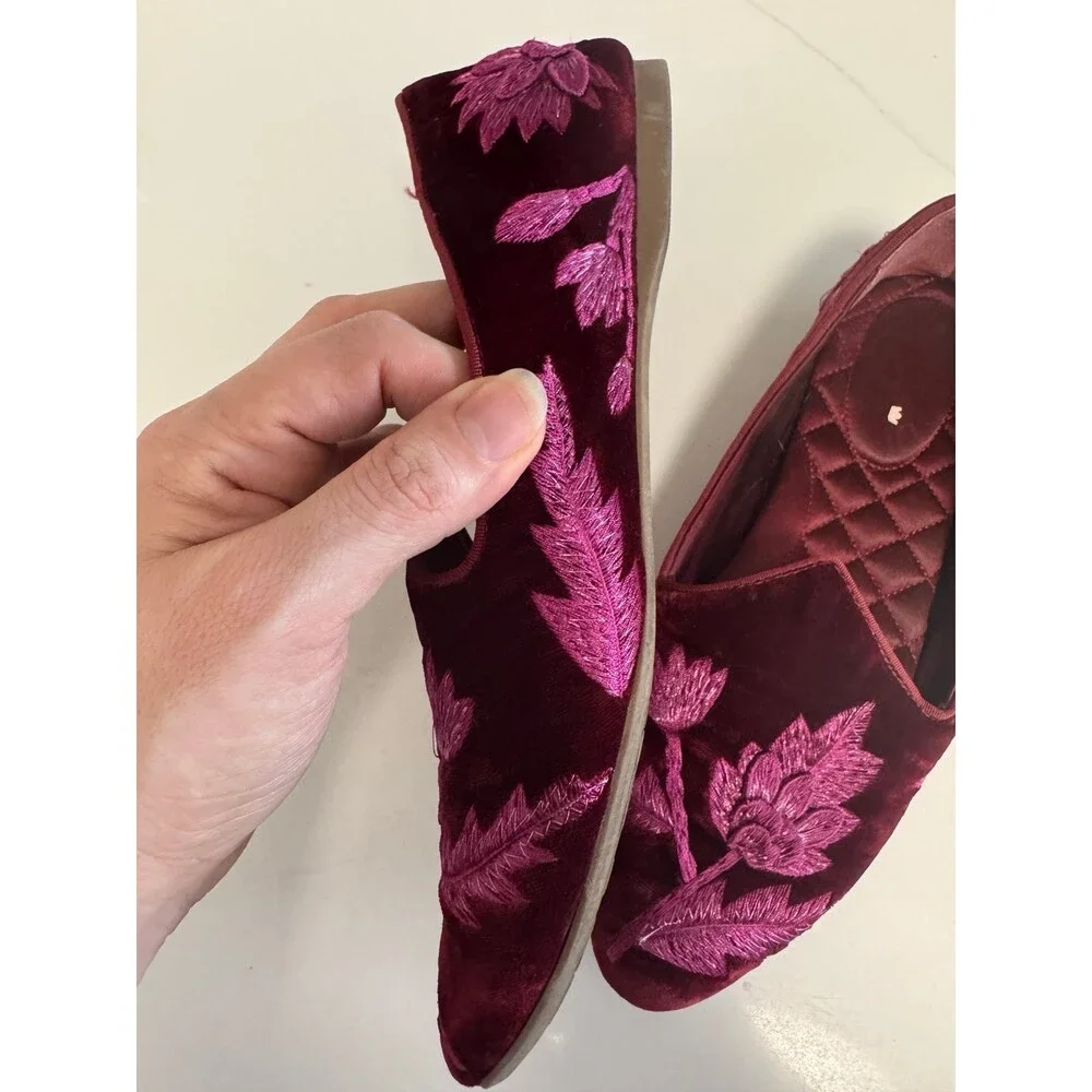 Birdies Heron Embroidered Flat in Crimson Velvet, featuring metallic floral - Picture 3 of 9